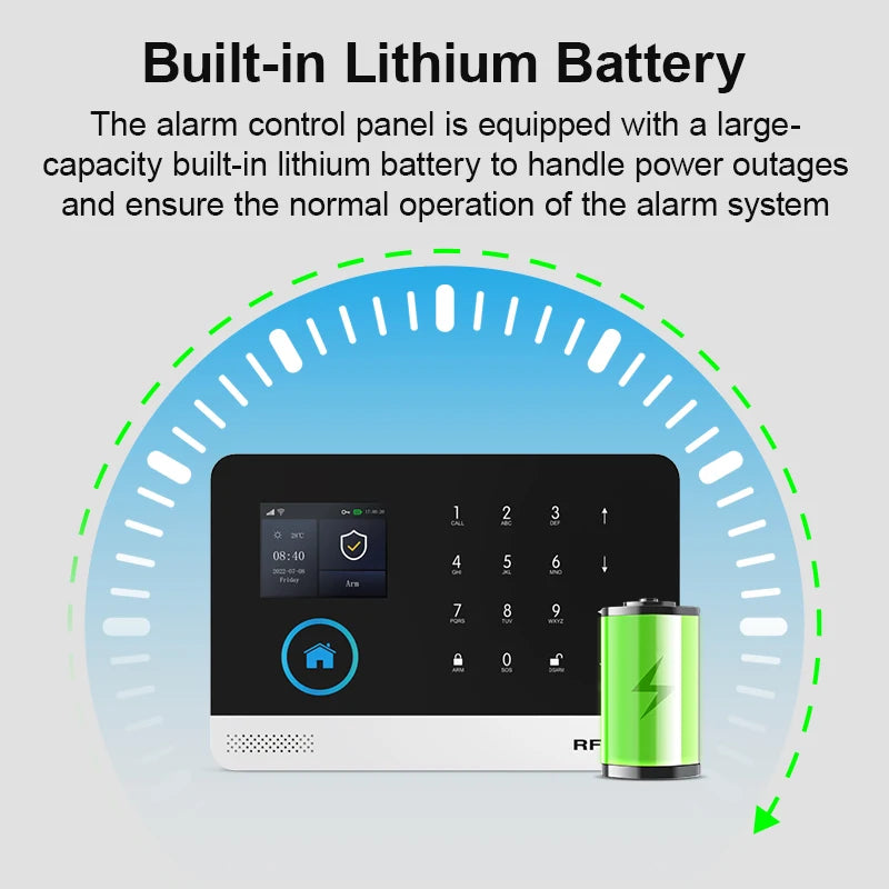 Black and white wireless alarm panel with digital keypad, colour touchscreen, and an icon of a green lithium battery.