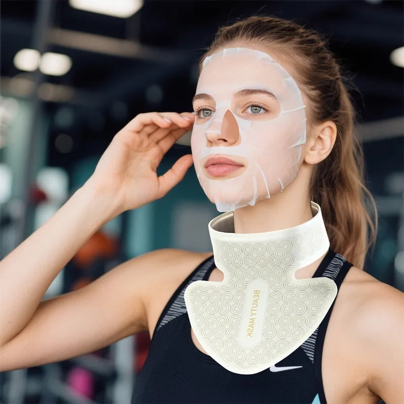 A woman wearing a white facial sheet mask and a white patterned neck brace in a gym setting.