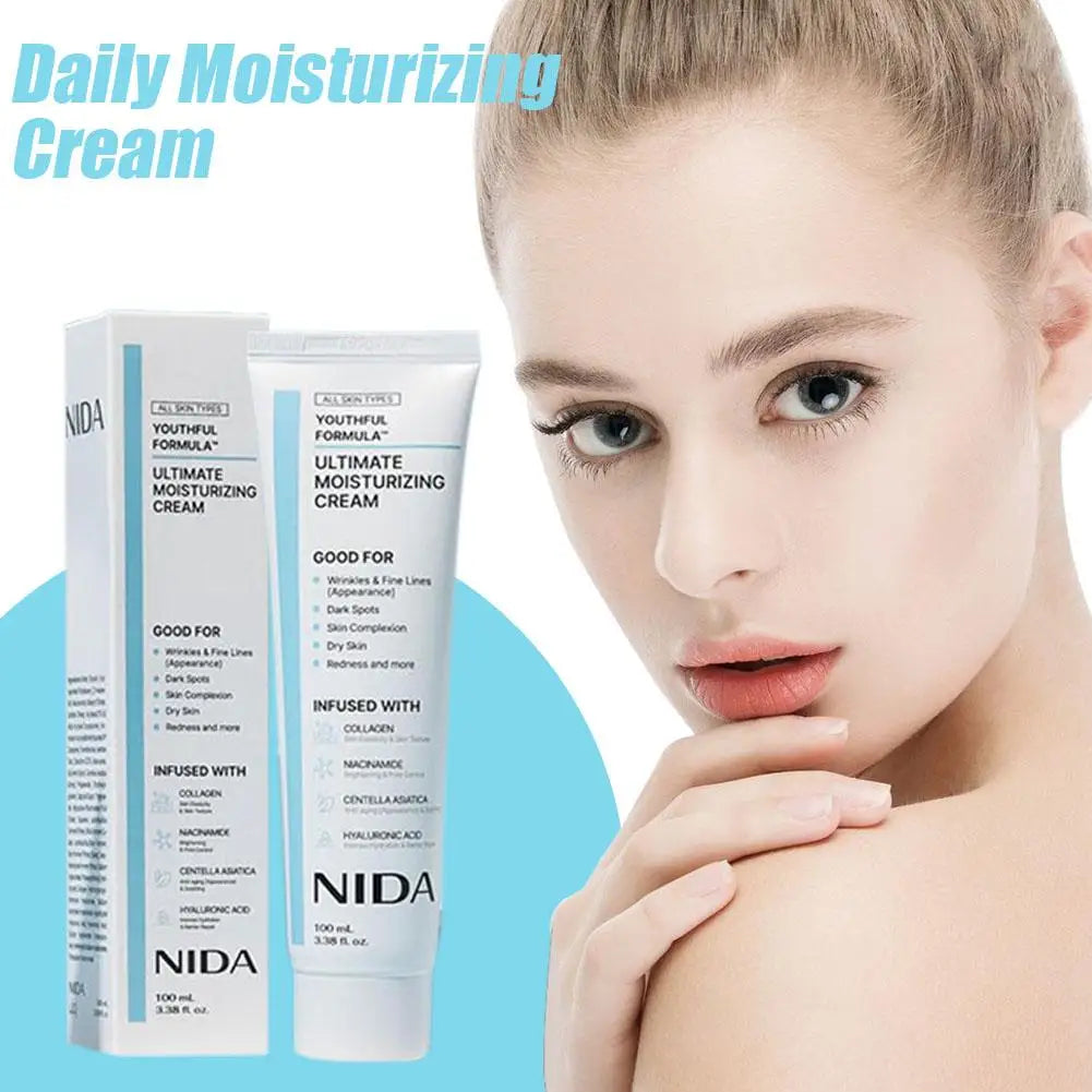 Daily moisturizing cream in a white tube and box, infused with collagen, niacinamide, and hyaluronic acid.