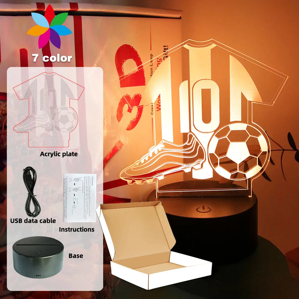 3D football shirt LED lamp with a number 10, boot, and ball. Includes 7-color light base, USB cable, and box.