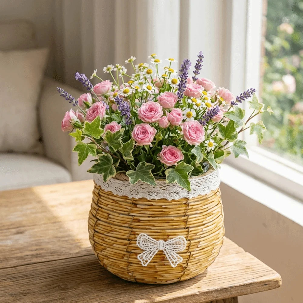 A rustic woven basket with a white lace rim and bow, filled with pink roses, white daisies, and purple lavender.
