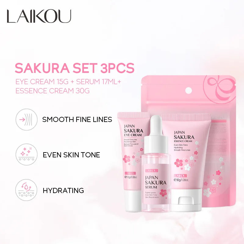 3-piece pink sakura skincare set featuring eye cream, facial serum, and essence cream for hydration and smooth skin.