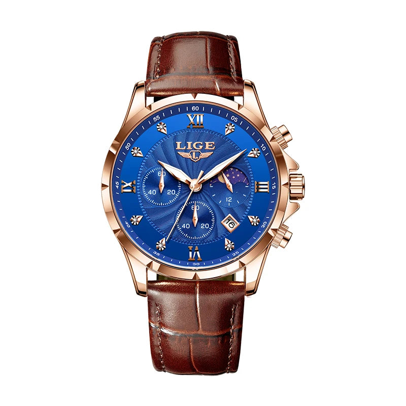 Men's quartz watch with a blue patterned dial, rose-gold case, and brown croc-effect leather strap.