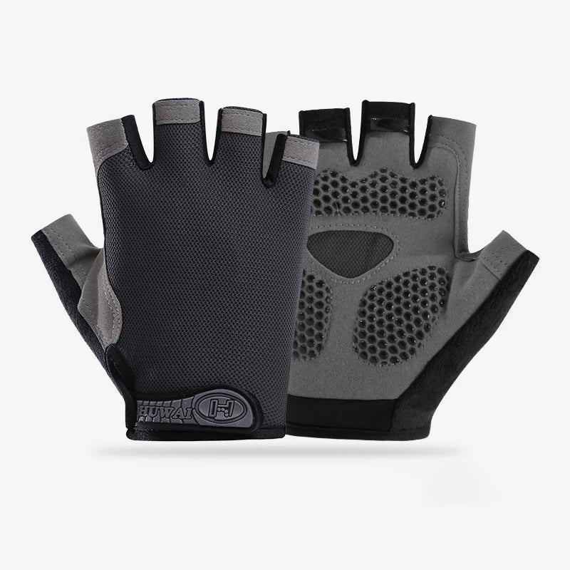 Fingerless grey and black gym gloves featuring a breathable mesh top and a gripped, padded palm.