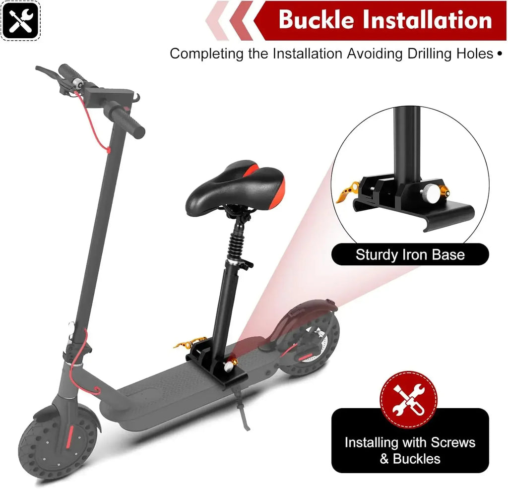 Black adjustable folding electric scooter saddle with a padded black and red seat and sturdy iron base.
