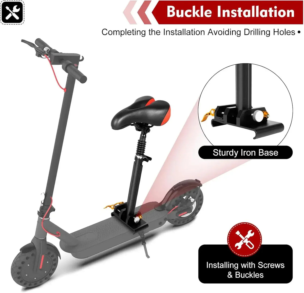 Black adjustable folding electric scooter saddle with a padded black and red seat and sturdy iron base.