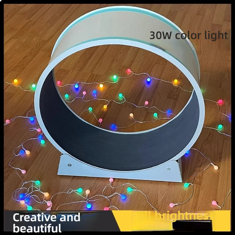 White pet exercise wheel on a wooden floor, surrounded by decorative, colourful LED globe fairy lights.