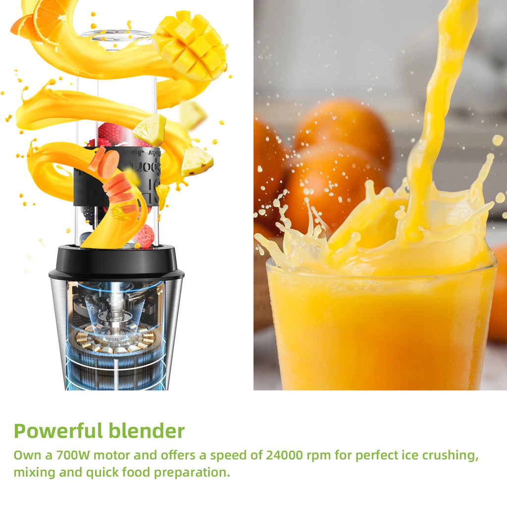 Black portable blender with silver base, mixing fresh fruit and juice, surrounded by orange splashes.