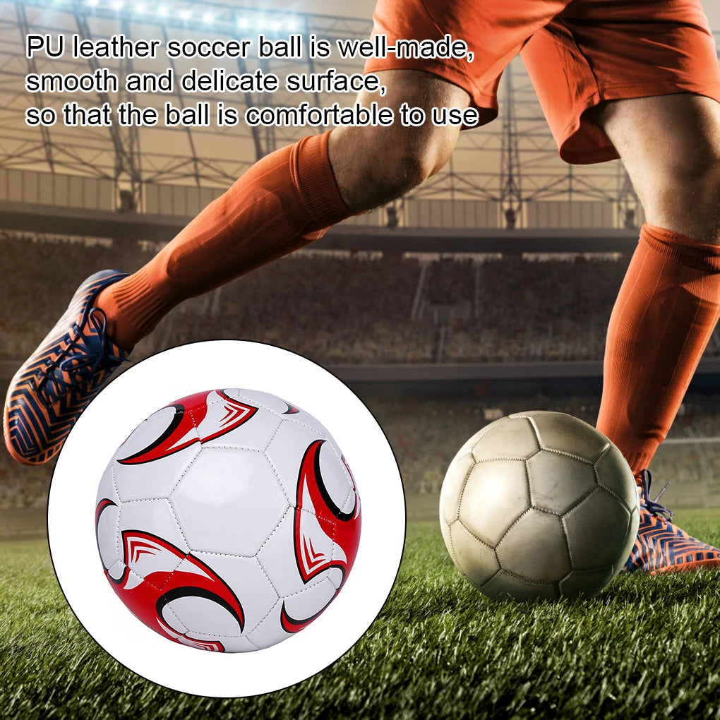 White and red PU leather soccer ball with a smooth finish, shown in a circular inset on a stadium background.
