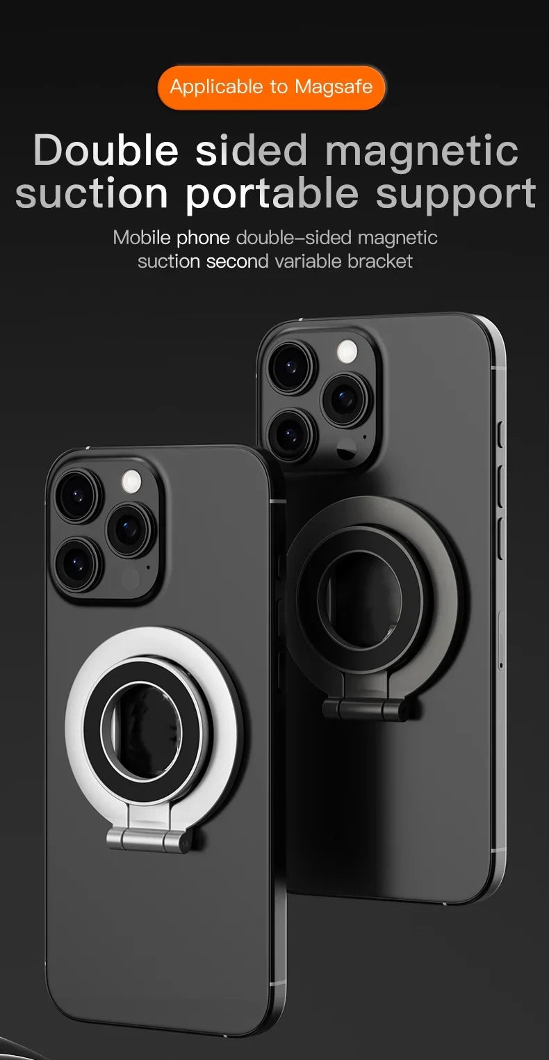 Silver and black circular, double-sided magnetic ring phone stands attached to the backs of two black smartphones.