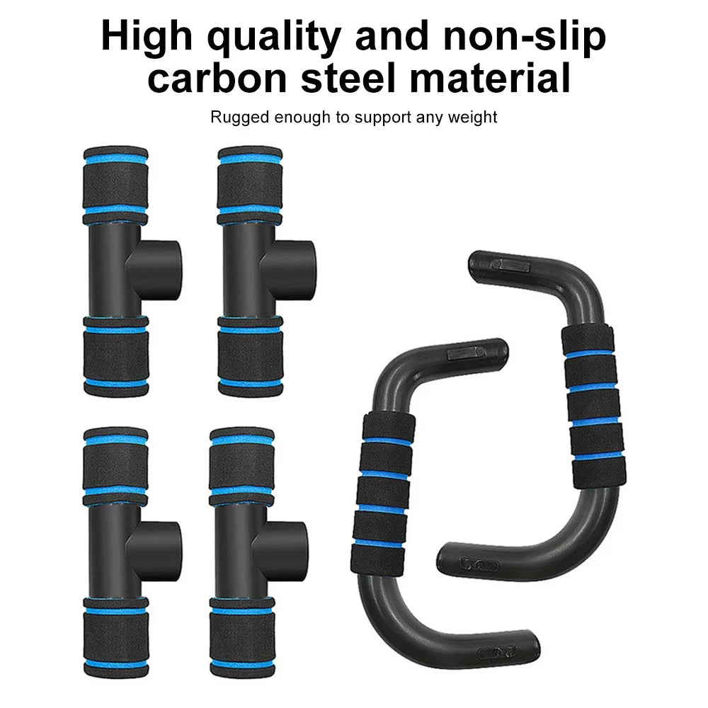 Black carbon steel push-up bar set with blue-accented foam grips. Includes four T-connectors and two curved handles.