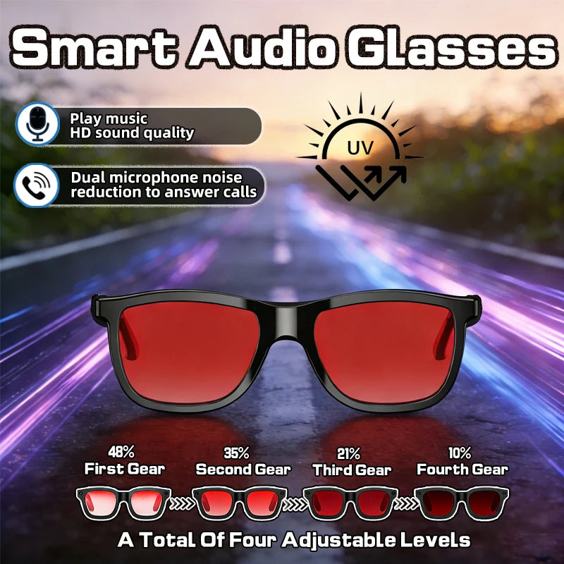 Black smart audio glasses with red electrochromic lenses, featuring adjustable light levels, music and call functions.