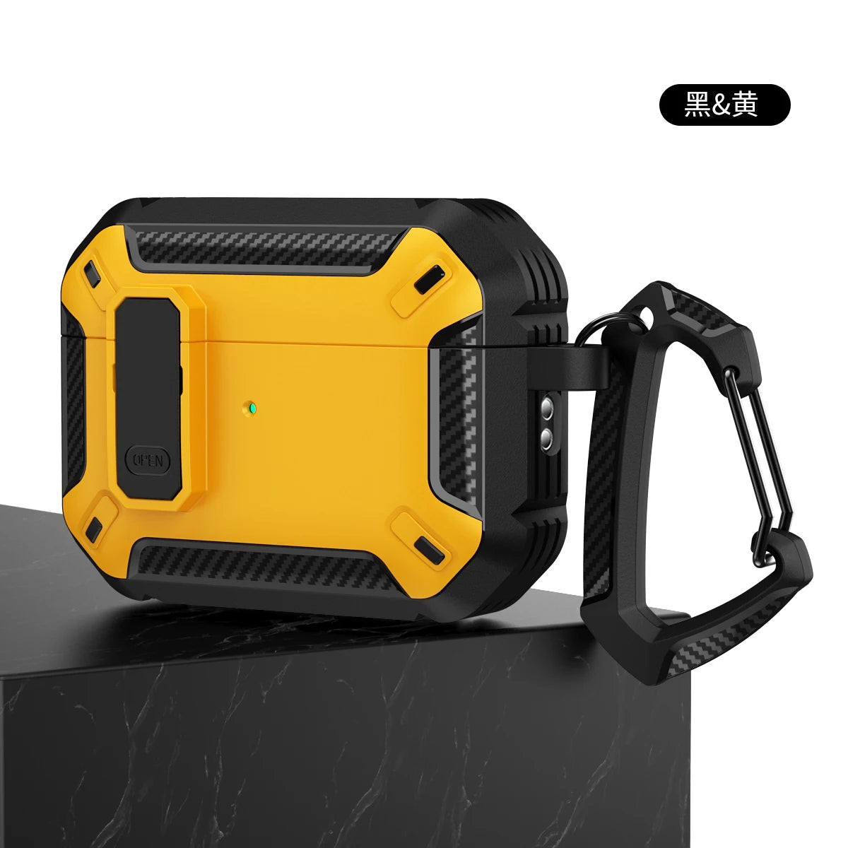 Rugged black and yellow carbon fibre-style case for AirPods Pro with an integrated locking latch and carabiner.