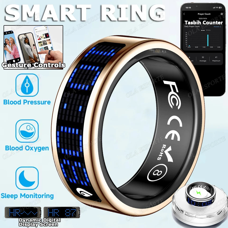 A gold smart fitness ring with a blue digital display, tracking blood pressure, oxygen, and sleep monitoring.
