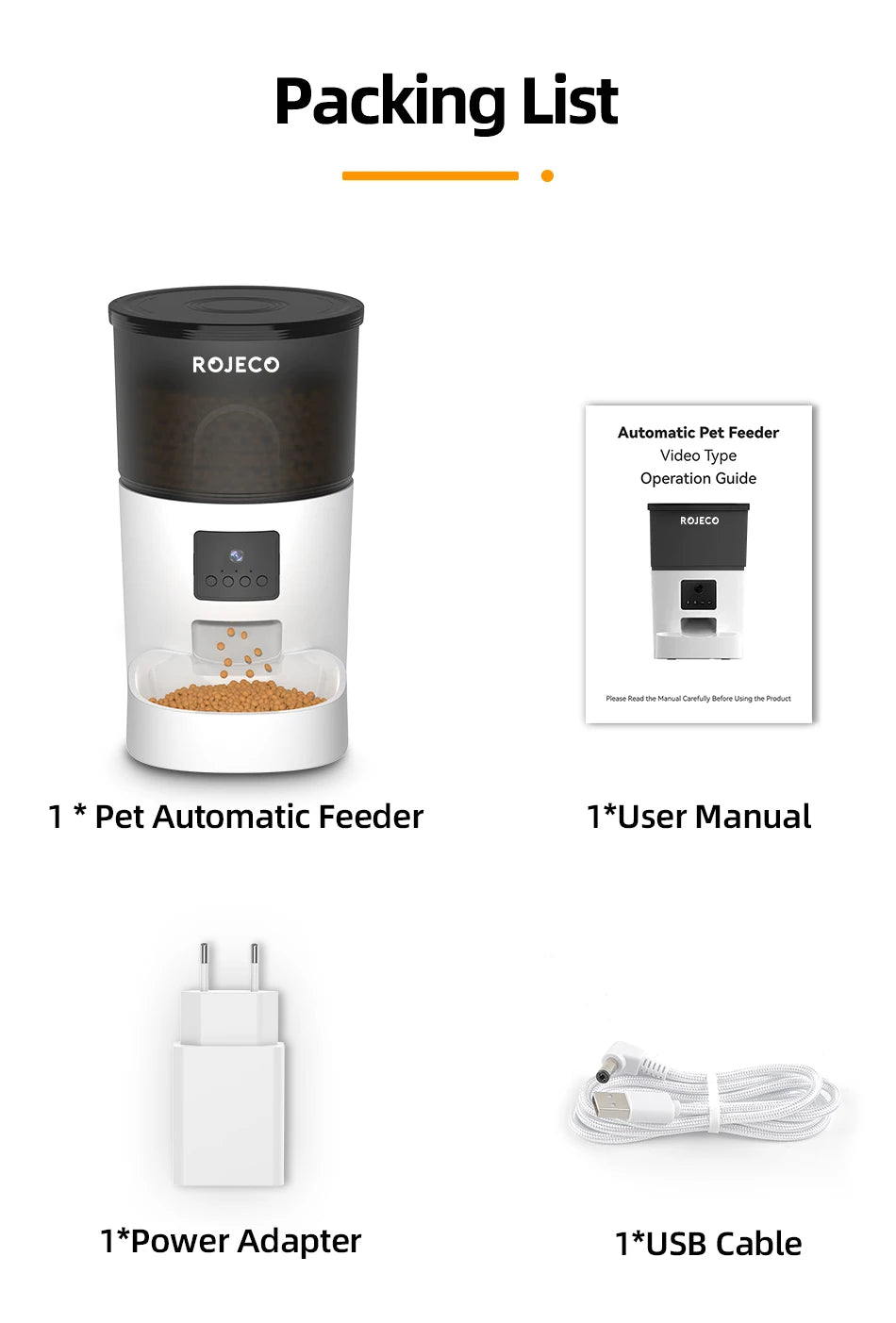 Packing list for a white and black automatic pet feeder, including a power adapter, USB cable, and user manual.