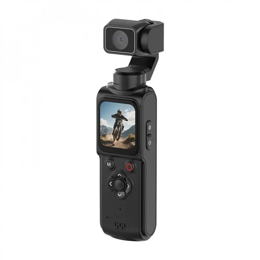 Black plastic handheld gimbal camera with a built-in display, side buttons, and a rotating lens head.