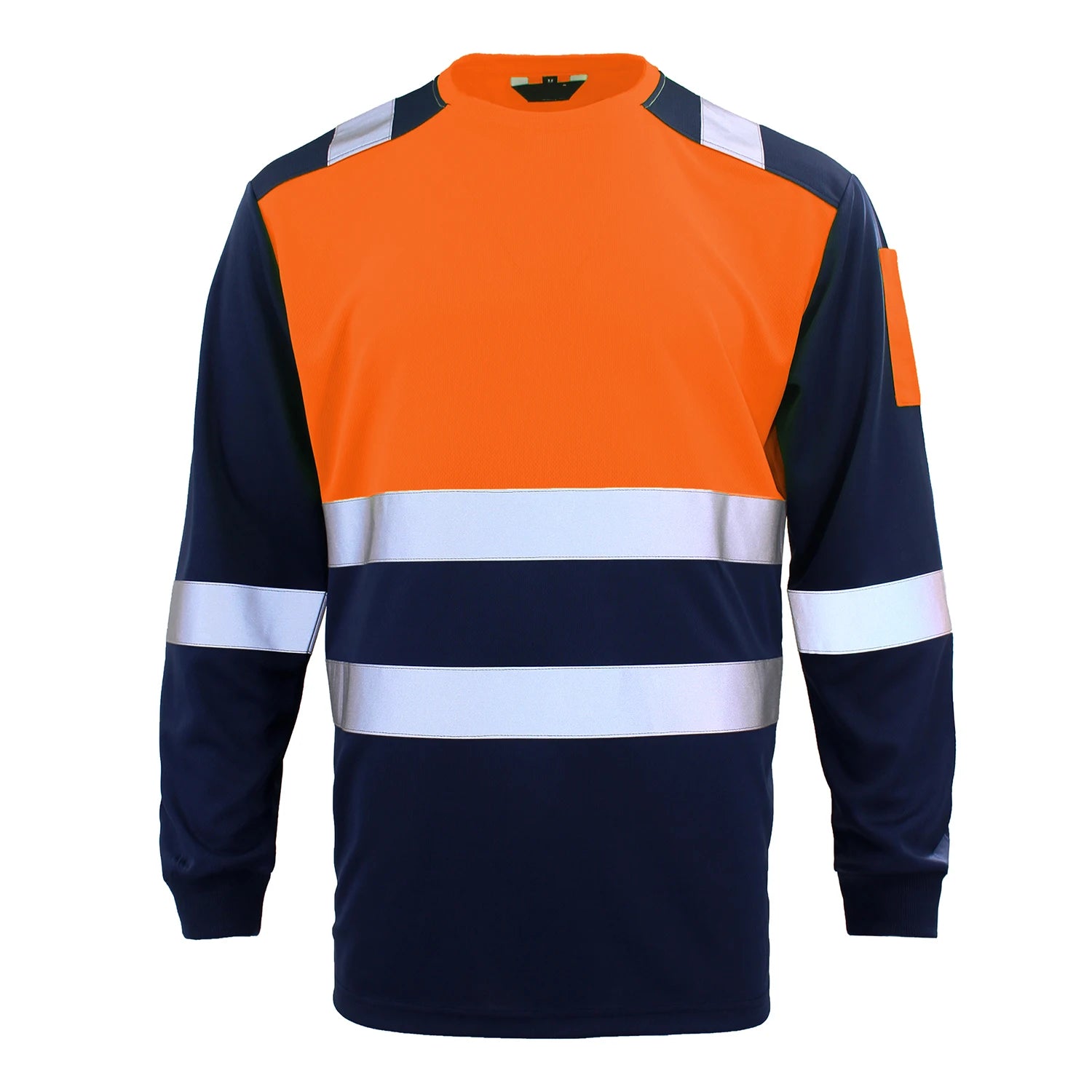 Men’s hi-vis long-sleeve work shirt in orange and navy with reflective silver stripes on the chest and arms.