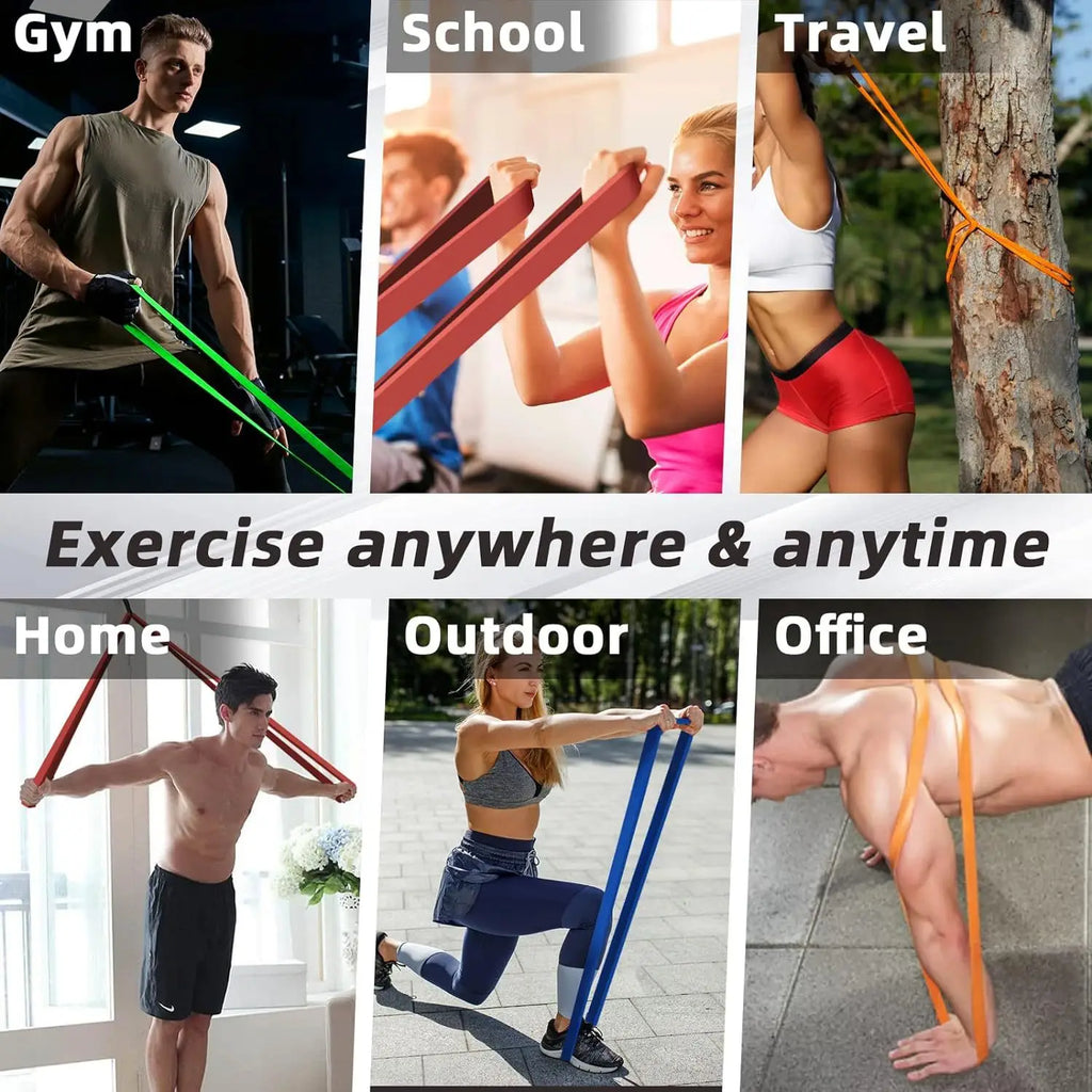 People using colourful, heavy-duty resistance bands for strength training in diverse gym and outdoor locations.