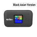 Small black portable 4G LTE Wi-Fi router with a central digital display showing signal, battery, and connection status.