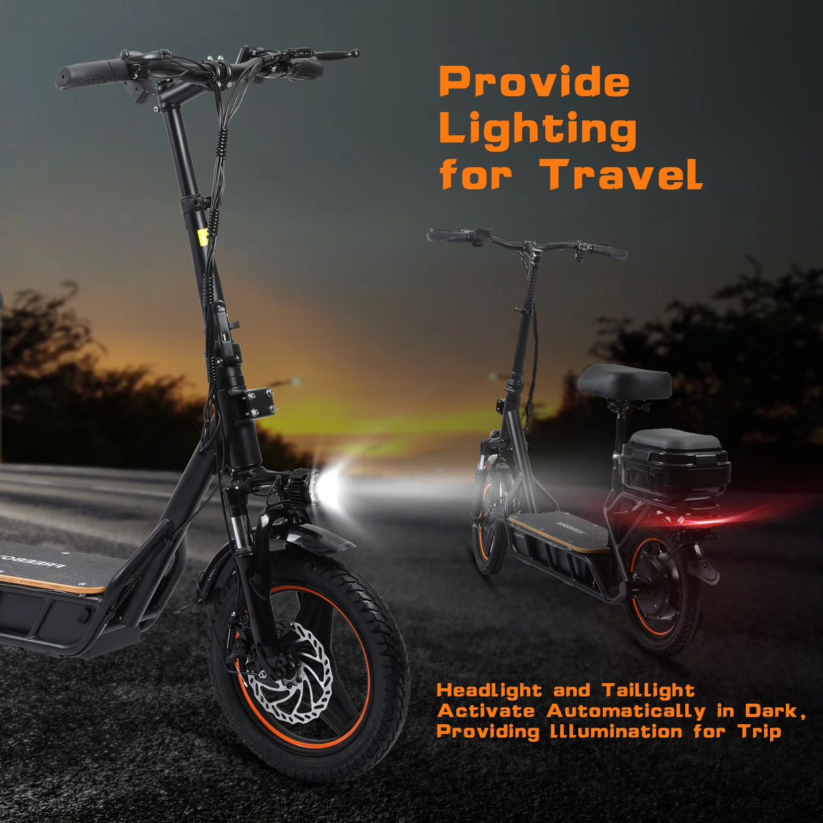 Black FREEBOY H14 electric scooter with 14-inch tires, front headlight, and rear shopping box on a road.