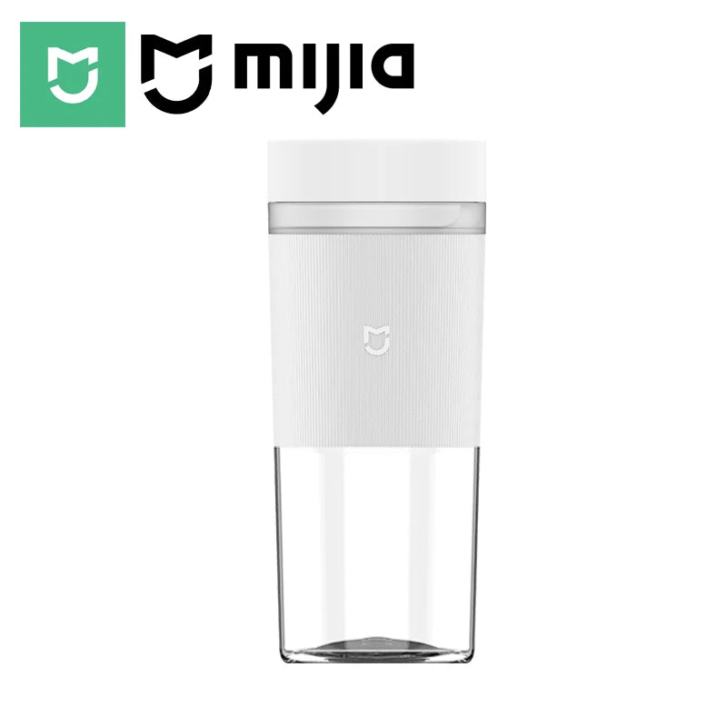 Minimalist white portable blender cup with a ribbed upper section and clear, transparent base.