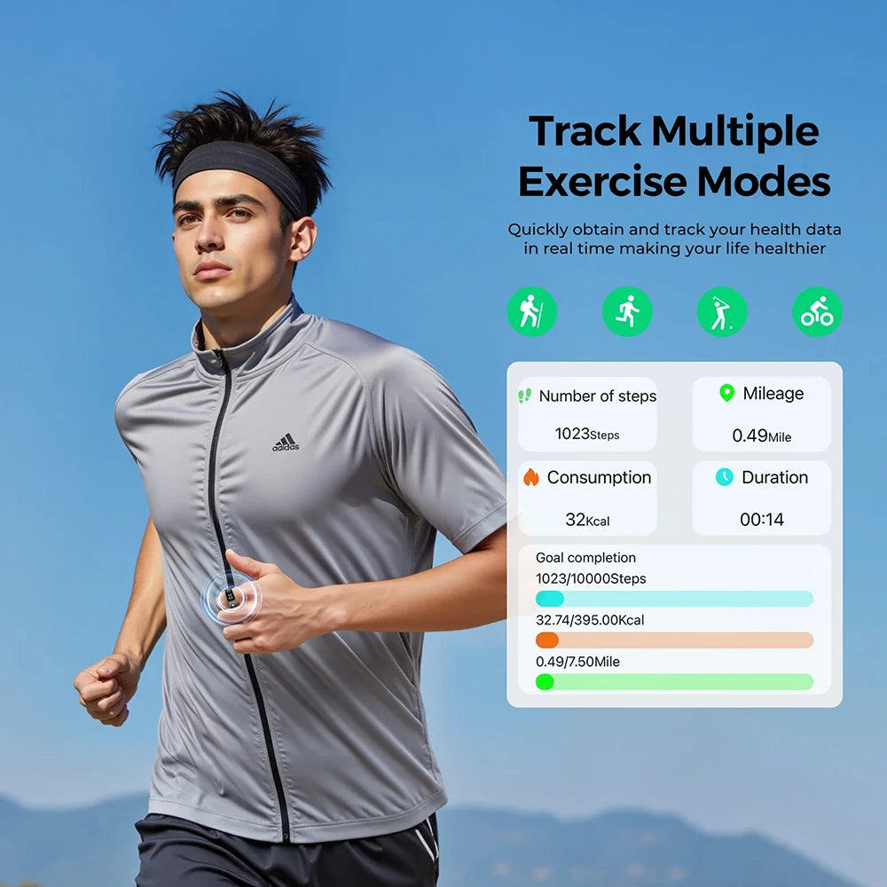 A man jogging wearing a sleek, black smart health tracking ring, shown alongside an app interface of fitness stats.