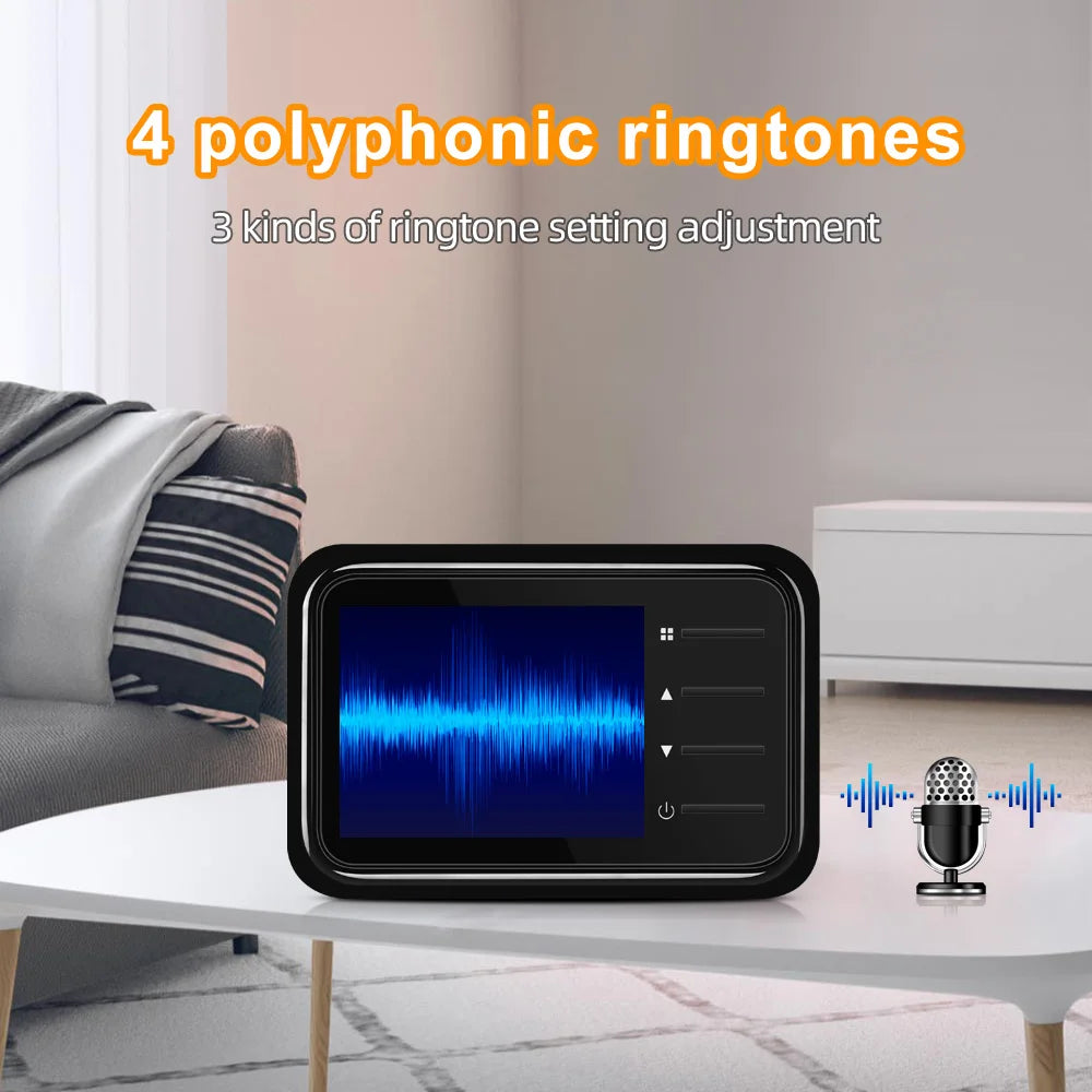 Black digital door peephole camera with a 2.4-inch LCD screen displaying sound waves and adjustable ringtone settings.