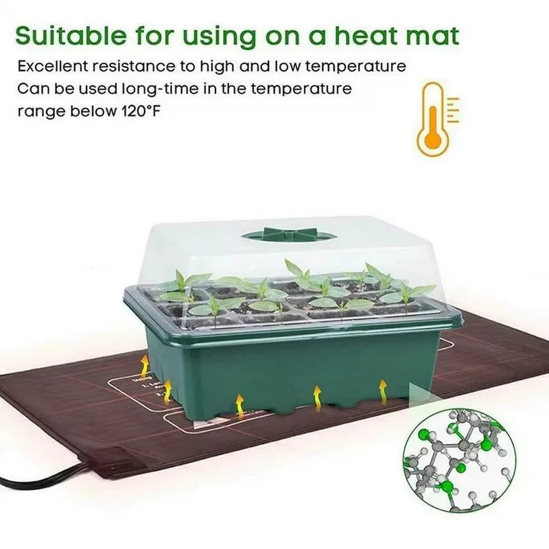 Green 12-cell seed starter tray with a clear humidity dome, shown sitting on a brown heating mat.