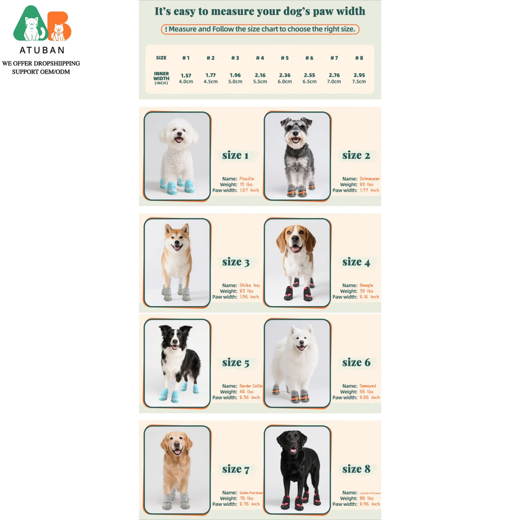 Dog boots sizing chart featuring various dog breeds wearing breathable, non-slip boots with rugged rubber soles.