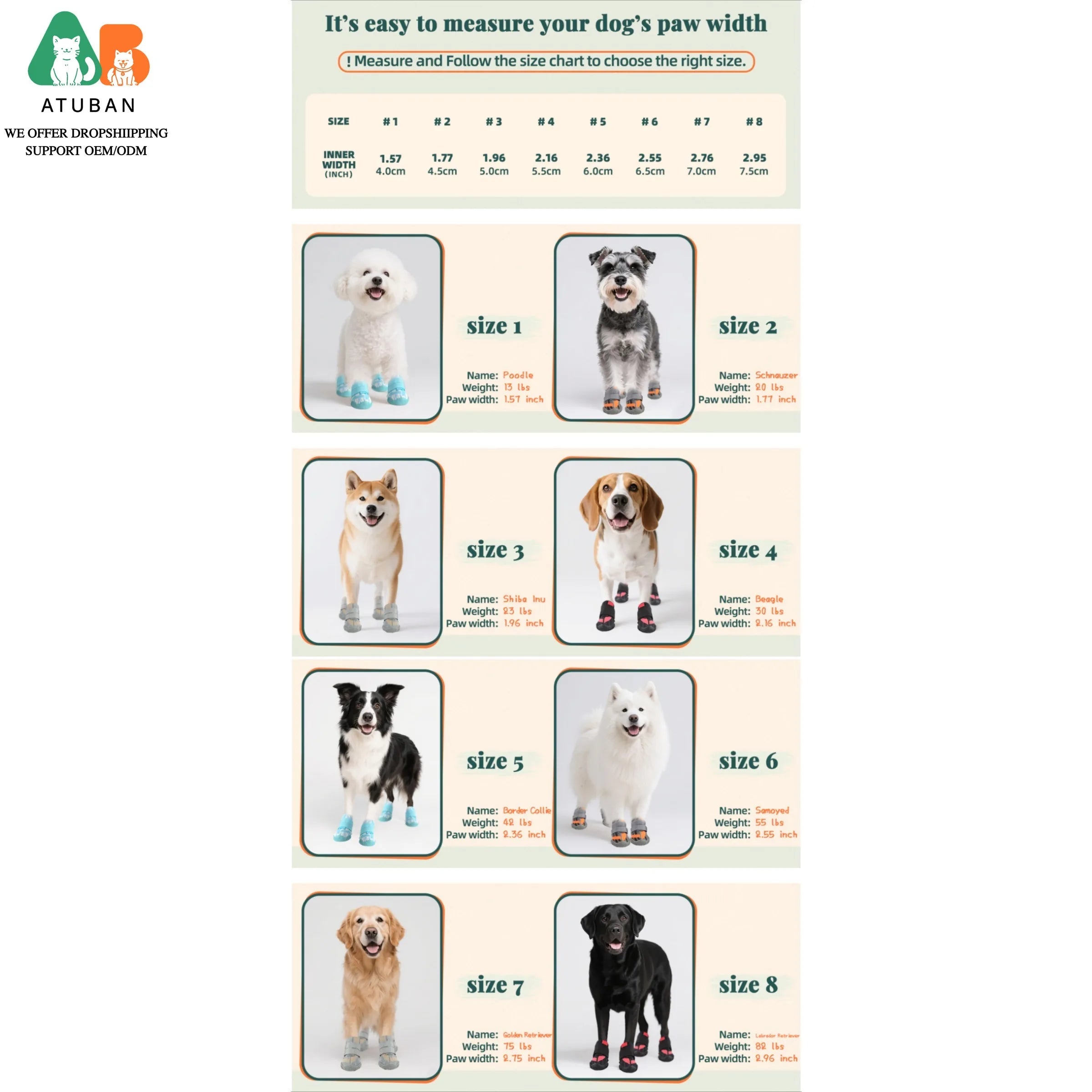 Dog boots sizing chart featuring various dog breeds wearing breathable, non-slip boots with rugged rubber soles.