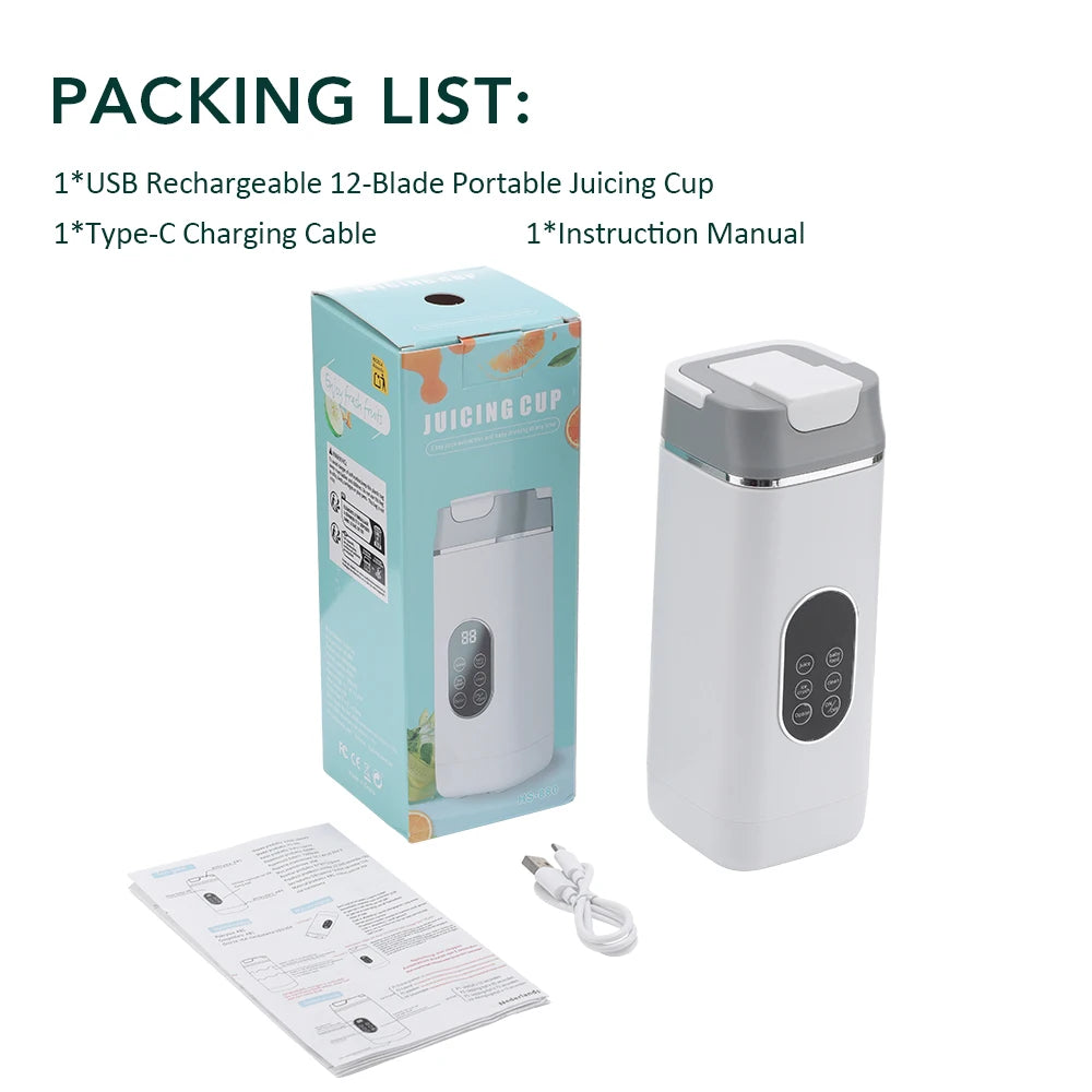 White portable blender with a digital display, USB charging cable, instruction manual, and its light blue box.