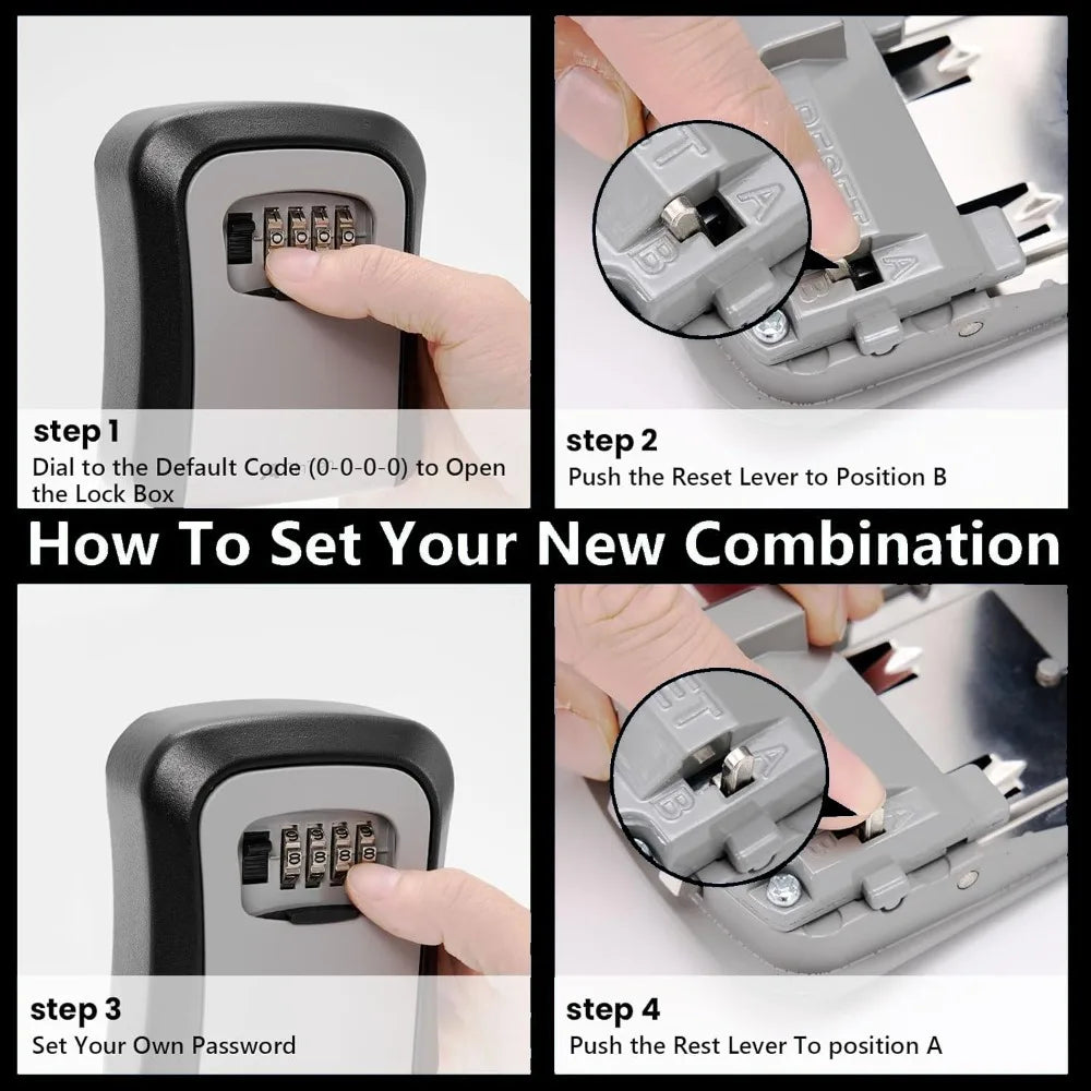 Black and grey metal wall-mounted combination key lock box, showing four steps to set a custom code.
