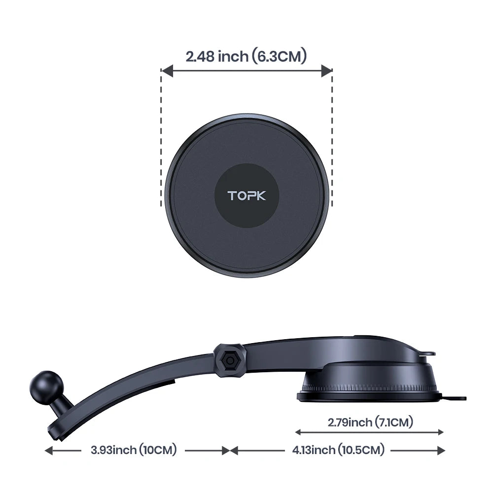 Dark grey magnetic phone mount with an adjustable arm and suction cup base, shown with dimensional measurements.