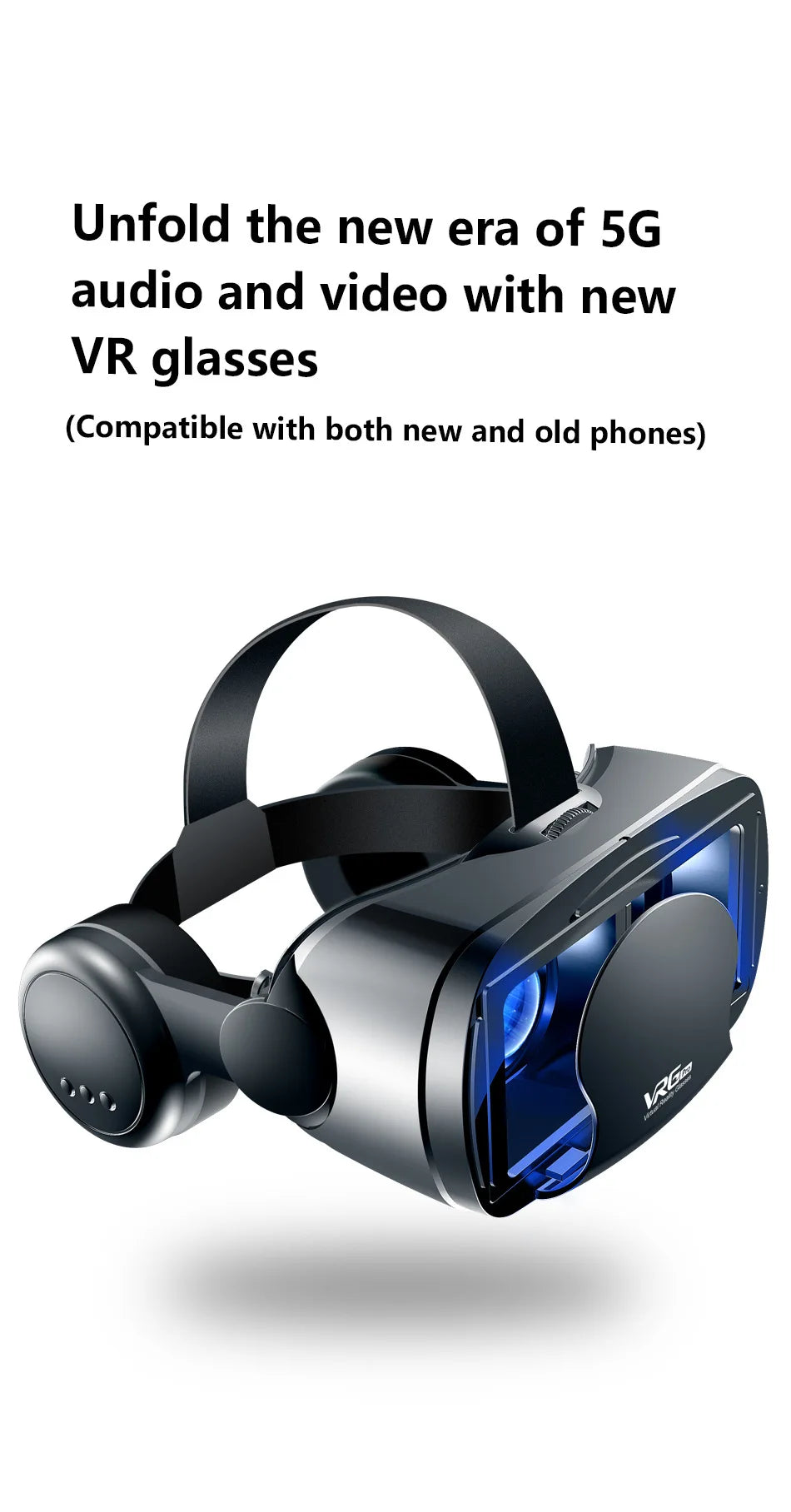 Sleek black and grey virtual reality headset with integrated side headphones and blue interior lens accents.