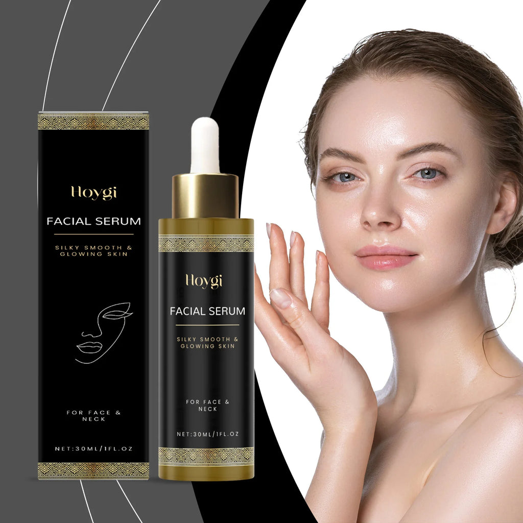 30ml facial serum bottle and box in black and gold, featuring a dropper and a model with glowing, smooth skin.