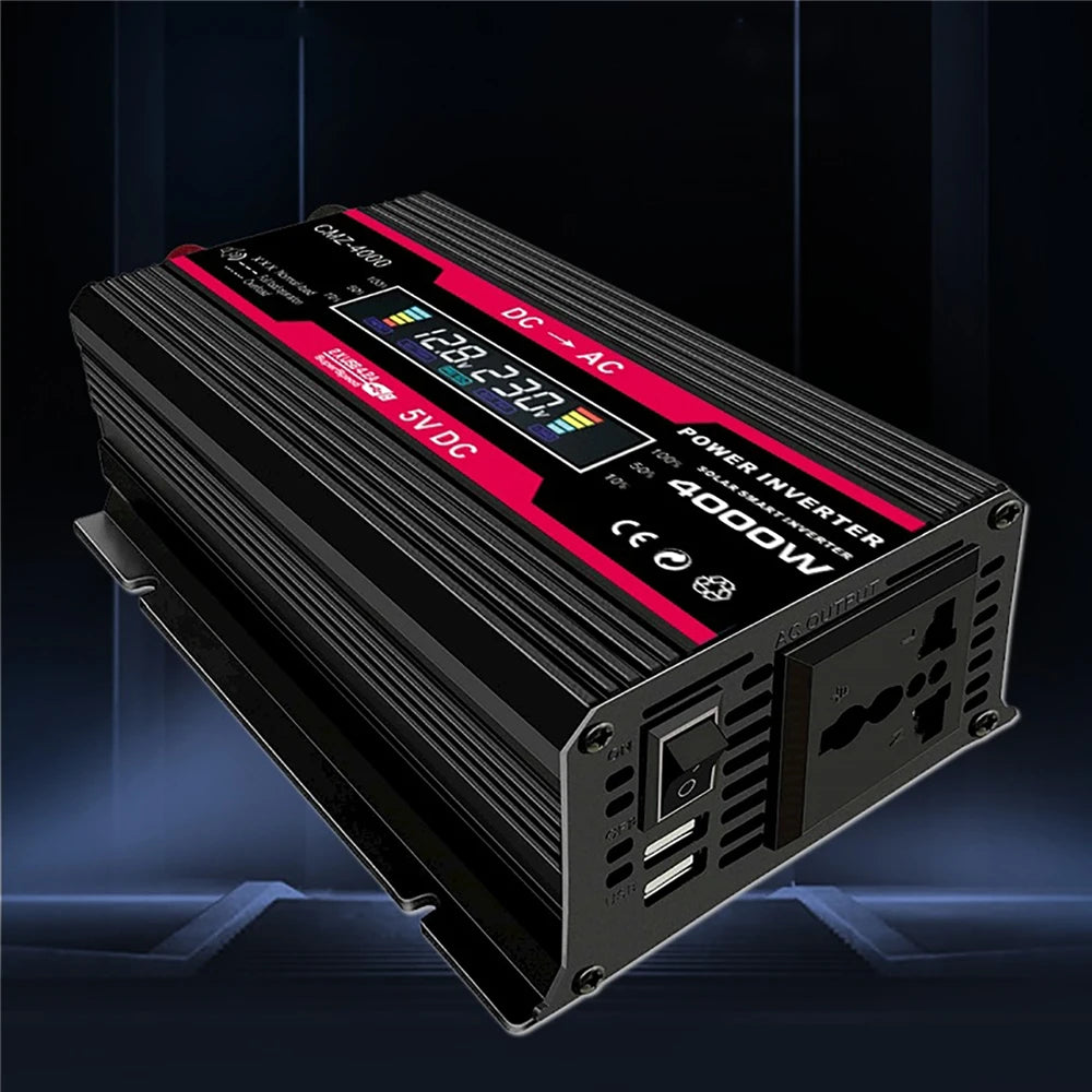 Black and red 4000W power inverter with a digital LCD display, two USB ports, and a UK-style AC socket.