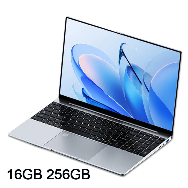 Sleek silver 15.6-inch laptop with a slim bezel, black keyboard, and bright high-definition display.