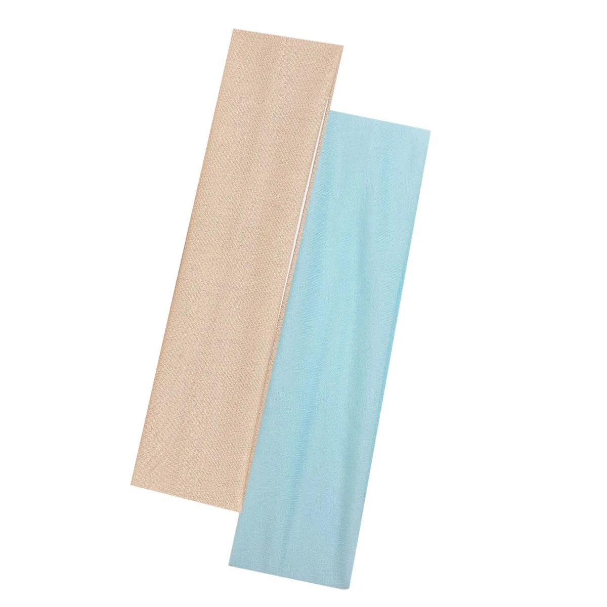 Two wide, plain fabric headbands, one beige and one light blue, layered diagonally against a white background.