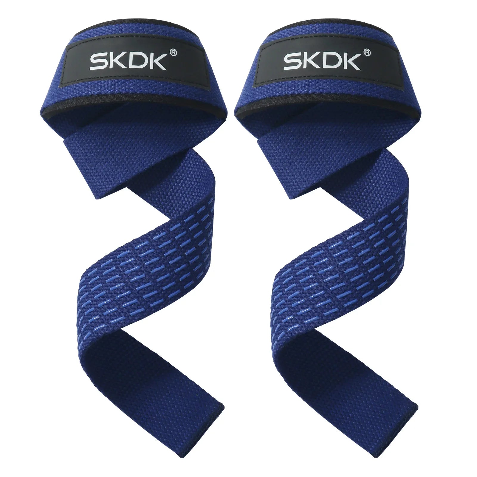 Pair of blue SKDK weightlifting wrist straps with padded cuffs and textured grip detailing.