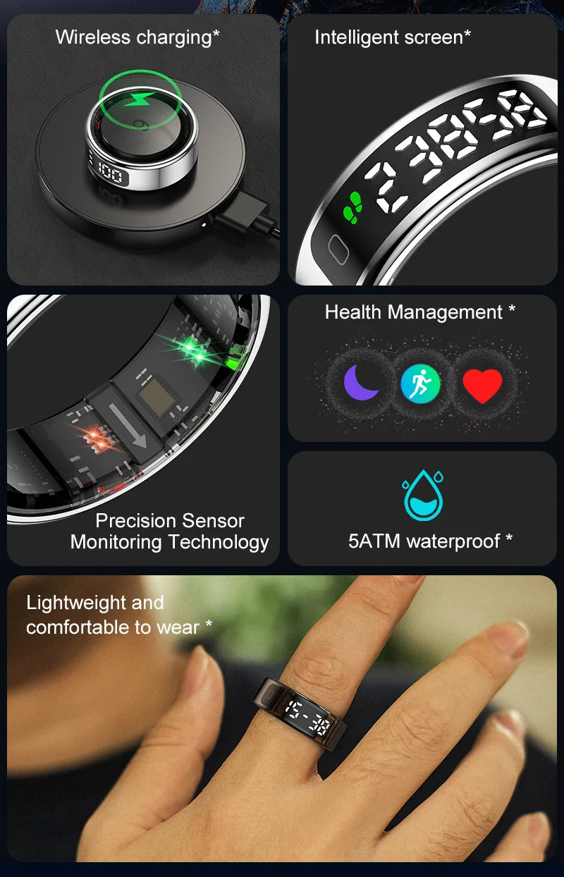 Black smart fitness ring with touch display, wireless charging, health sensors, 5ATM waterproof rating and sleek design.