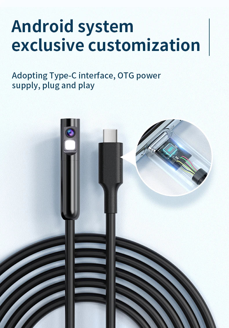 Black industrial inspection camera with integrated light and USB-C connector for mobile device plug-and-play.