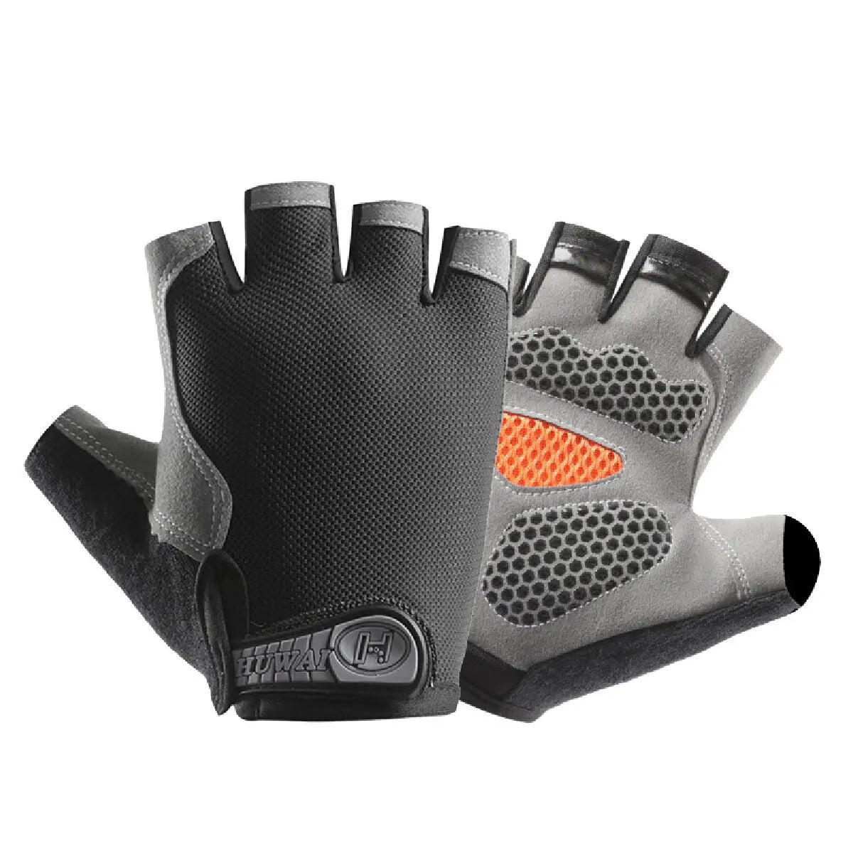 Black and grey fingerless cycling gloves with orange mesh palm padding and adjustable velcro wrist straps.