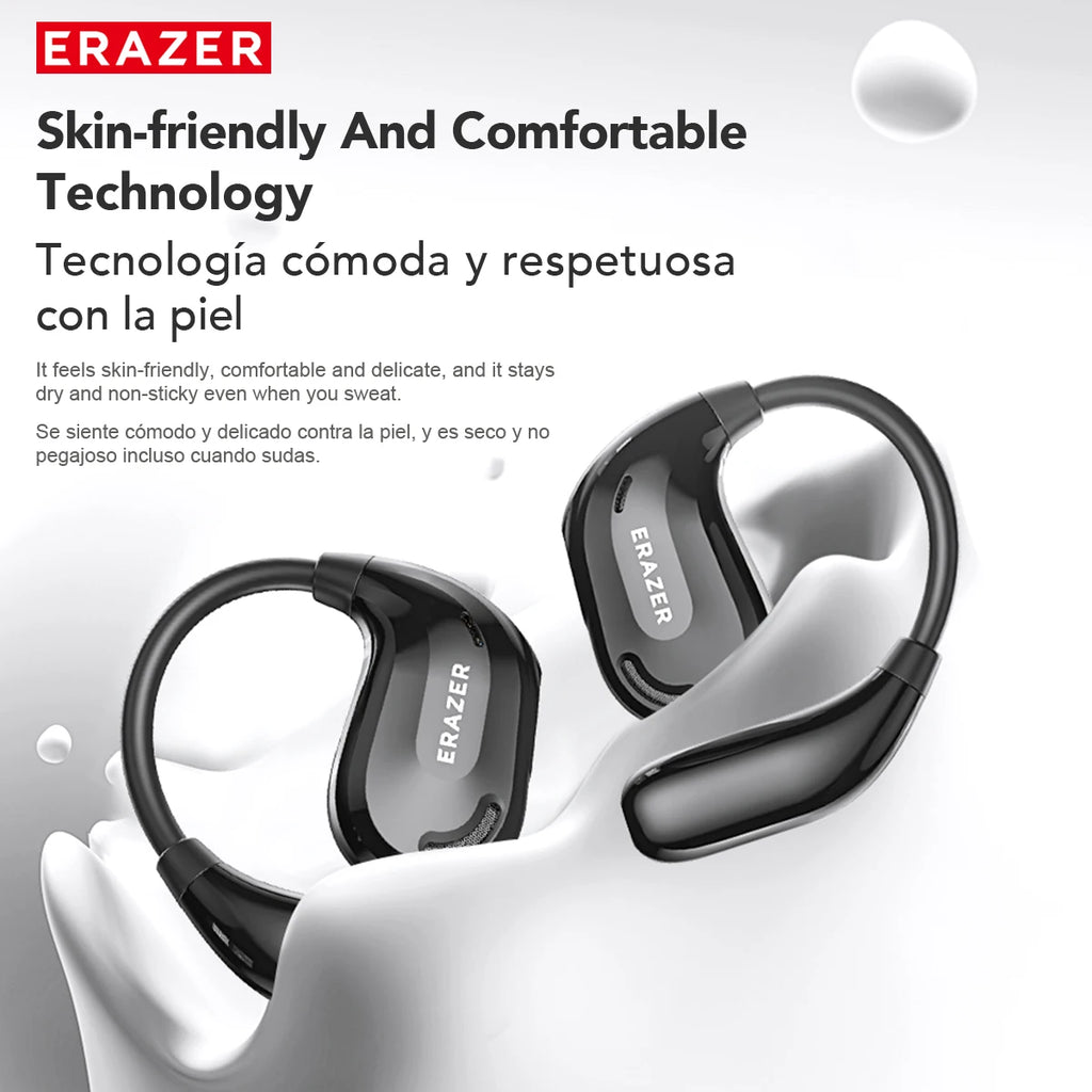 Glossy black, open-ear bone conduction headphones with a sleek, minimalist hook design, set against a liquid background.