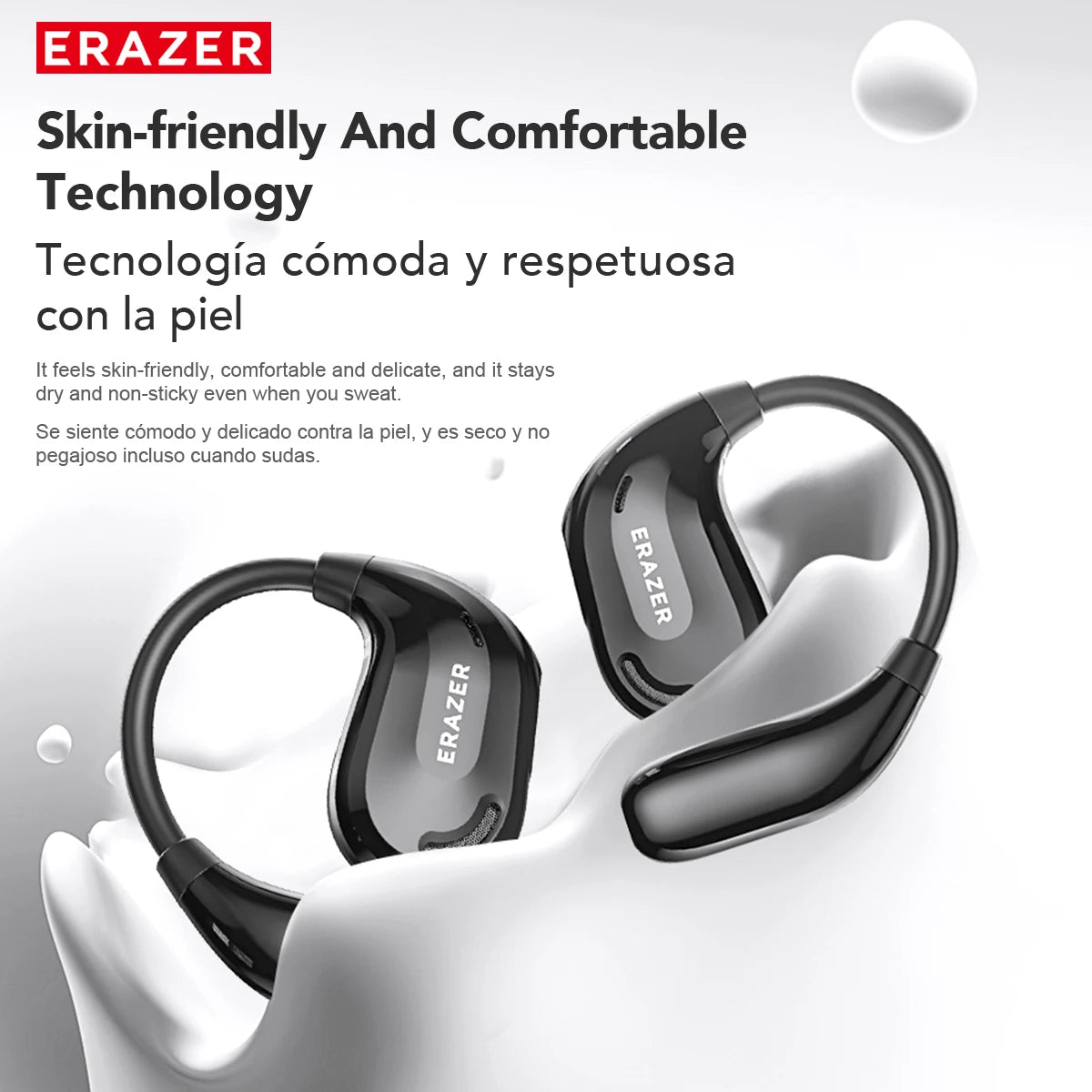Glossy black, open-ear bone conduction headphones with a sleek, minimalist hook design, set against a liquid background.