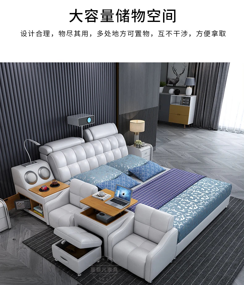 Modern white double bed with integrated storage, padded headboard, built-in desks, speakers, and matching stools.