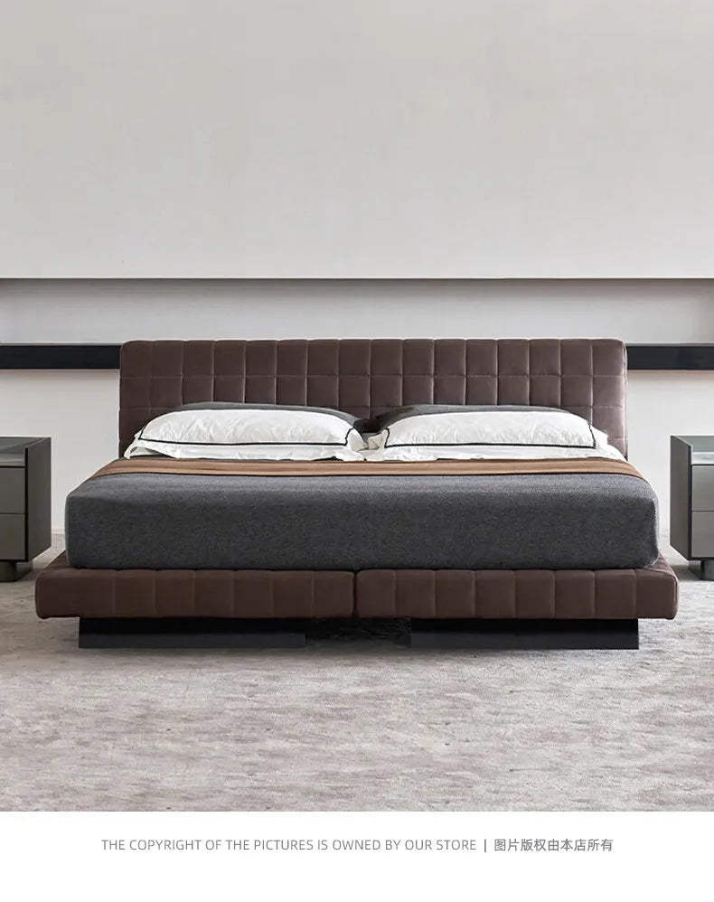 Modern Nordic upholstered bed frame in dark brown, featuring a contemporary low-profile design with tufted detailing.