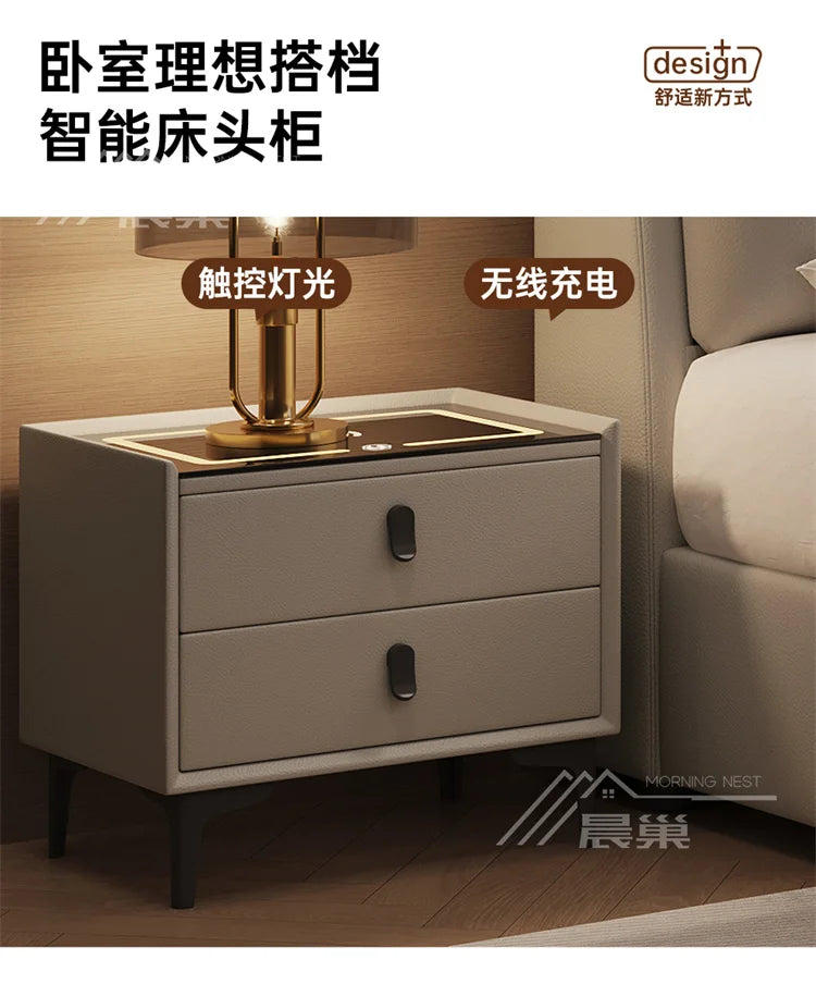 Modern cream upholstered two-drawer bedside table with a wireless charging surface and touch-controlled lighting.