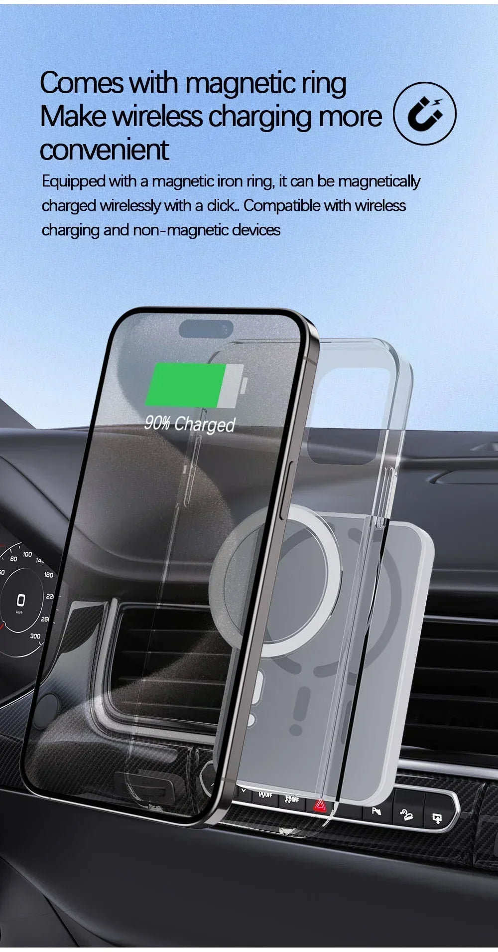 Clear magnetic phone case on a smartphone mounted to a car dashboard with wireless charging icon.