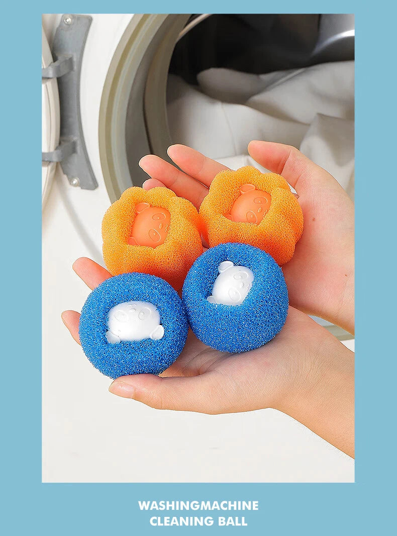 Hand holding four colourful, textured washing machine cleaning balls with cute bear character centres.