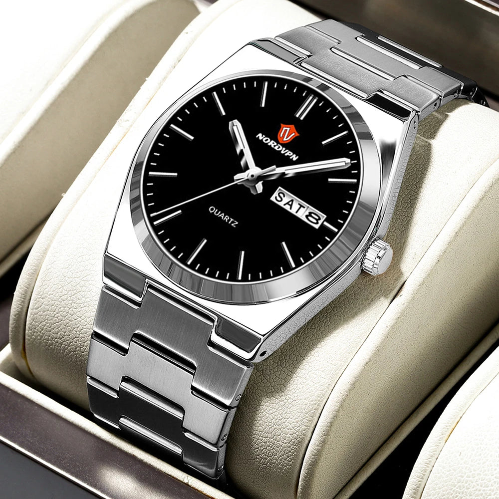 Ultra-thin women’s quartz watch with a black dial, silver stainless steel strap, and a day-date window display.